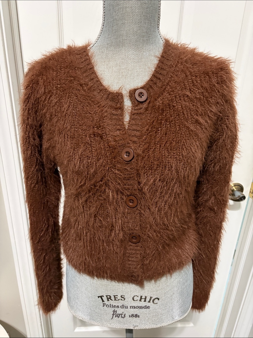 Zara fluffy cropped cardigan in chocolate brown size M